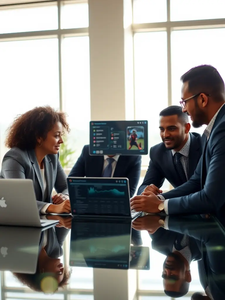 A high-quality image depicting a diverse group of football executives collaborating in a modern office setting, representing the firm's commitment to finding the best talent.