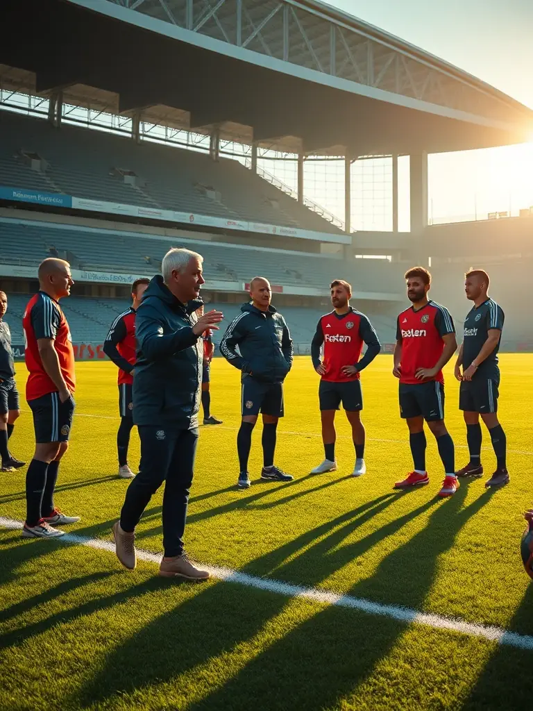 A dynamic image of a Sporting Director engaging with players and staff at a football club, emphasizing team management and strategic planning.