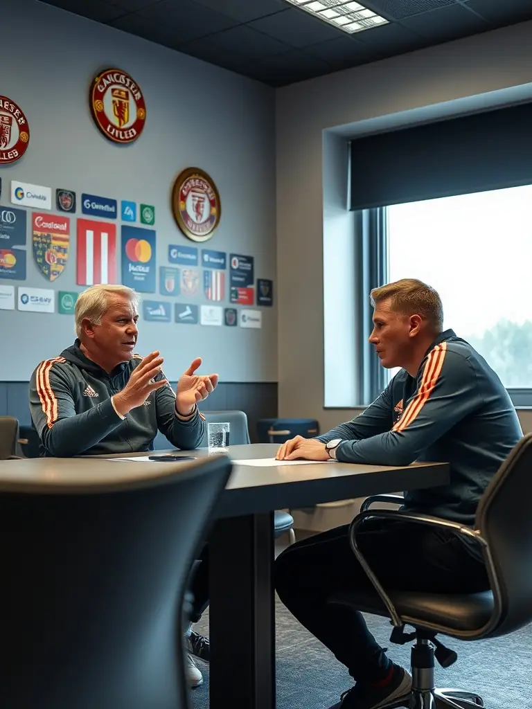 An image showcasing a successful football manager shaking hands with a club owner, symbolizing a successful placement by football execs.