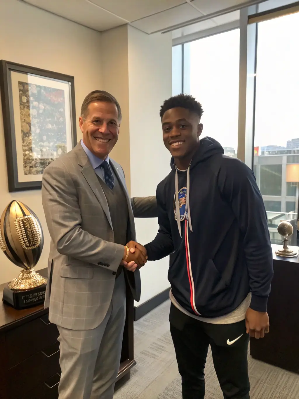 A photo of a person in a suit, shaking hands with a football club owner in his office, representing a Chief Marketing Officer position. The office is luxurious and modern.