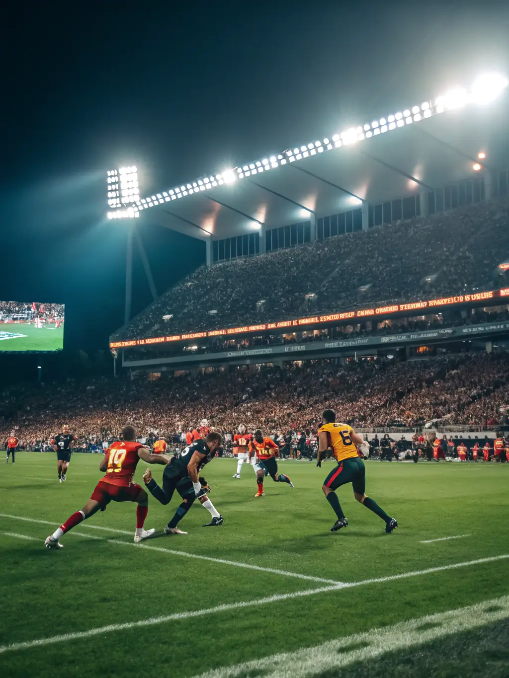 An image of a person using binoculars at a football match, representing a Head Scout position. The background is a vibrant stadium during a game.