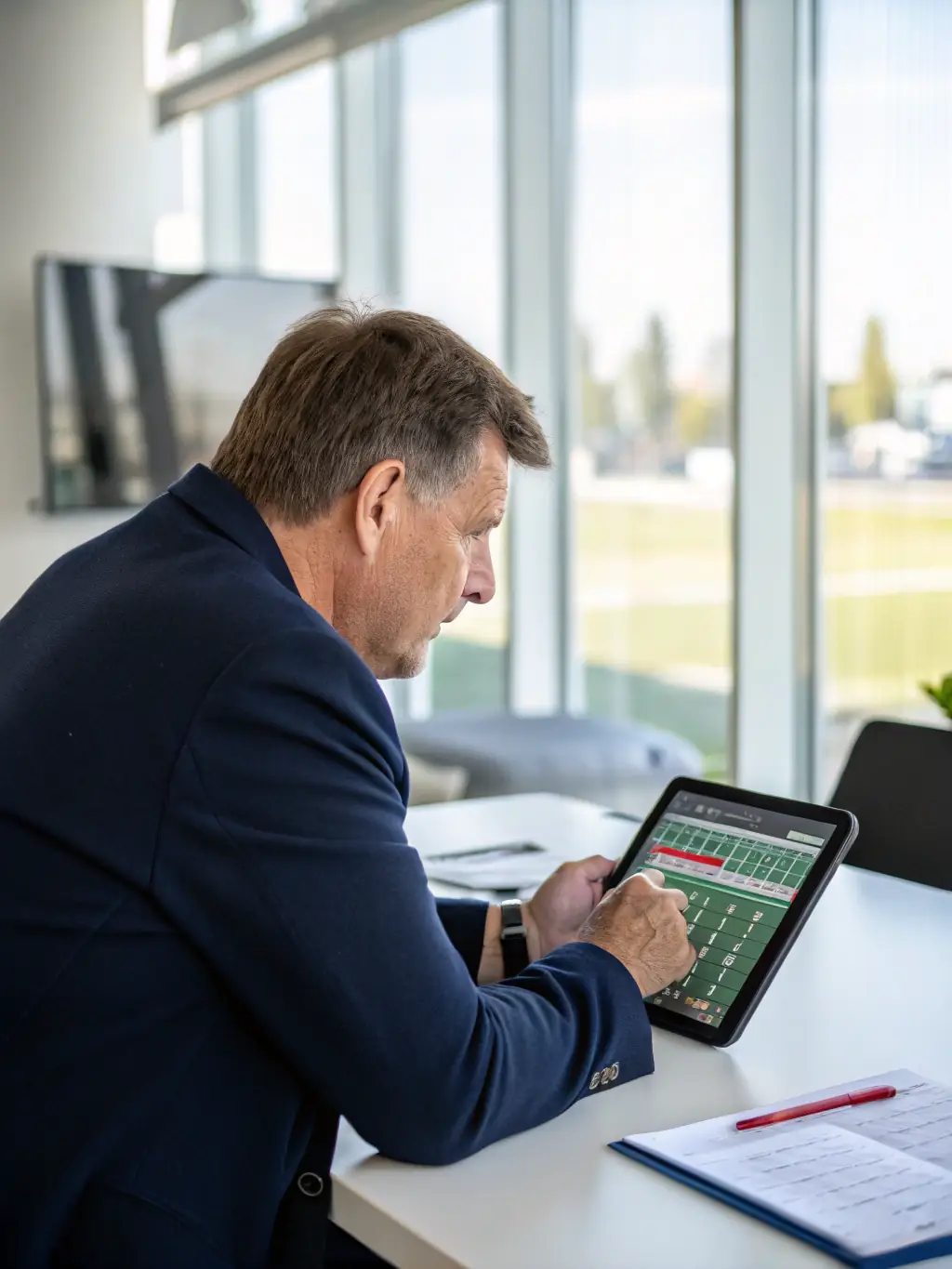 A dynamic image of a person analyzing player statistics on a tablet, representing a Sporting Director role. The setting is a high-tech office environment.