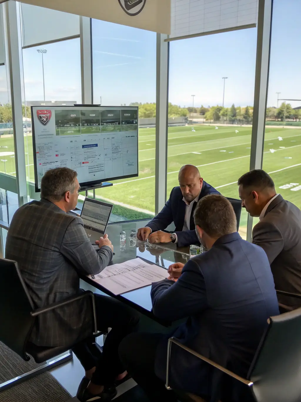 A professional photograph of a football club's boardroom, with executives in suits discussing strategy, emphasizing leadership and decision-making.